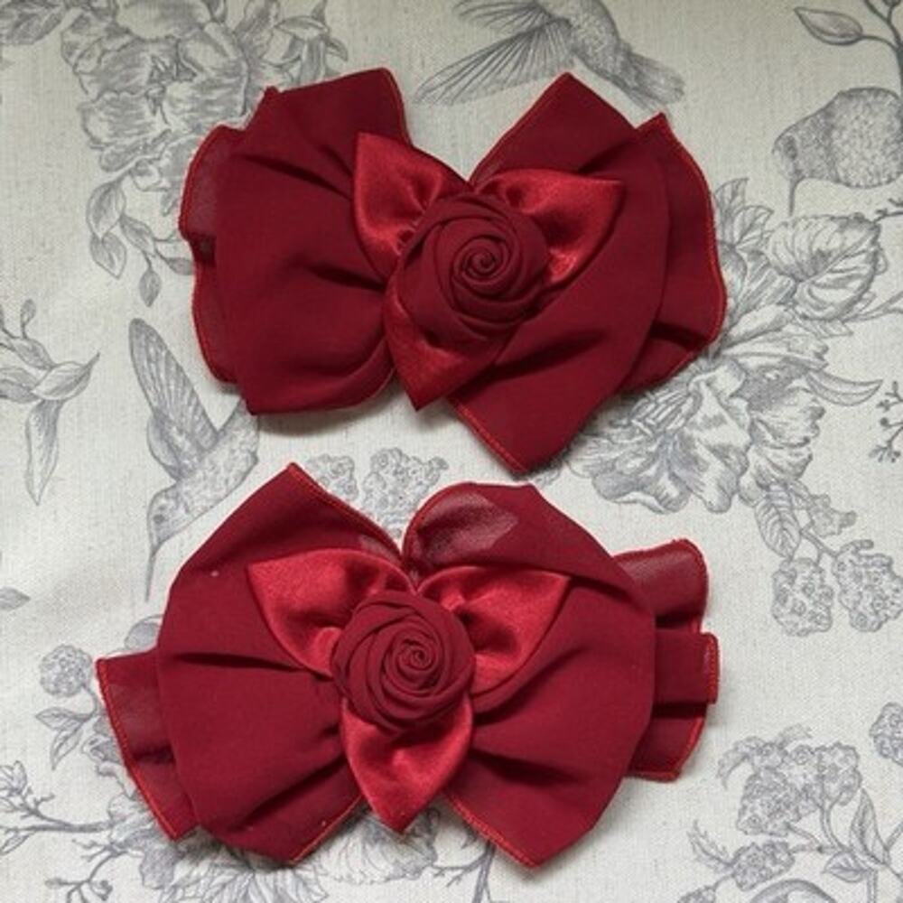 Vtg 80s 90s Large Hair Bow Clip Ribbon Red Rose Cottagecore Romantic Coquette